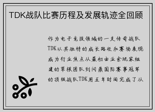 TDK战队比赛历程及发展轨迹全回顾