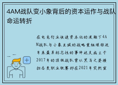 4AM战队变小象背后的资本运作与战队命运转折