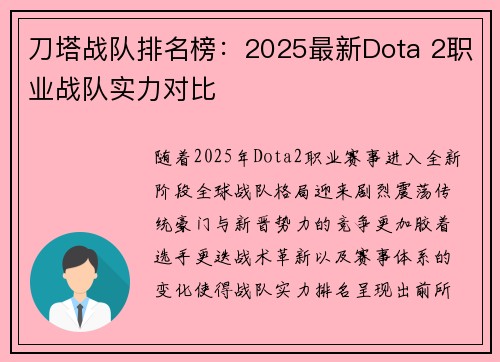刀塔战队排名榜：2025最新Dota 2职业战队实力对比