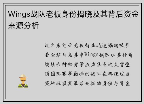 Wings战队老板身份揭晓及其背后资金来源分析